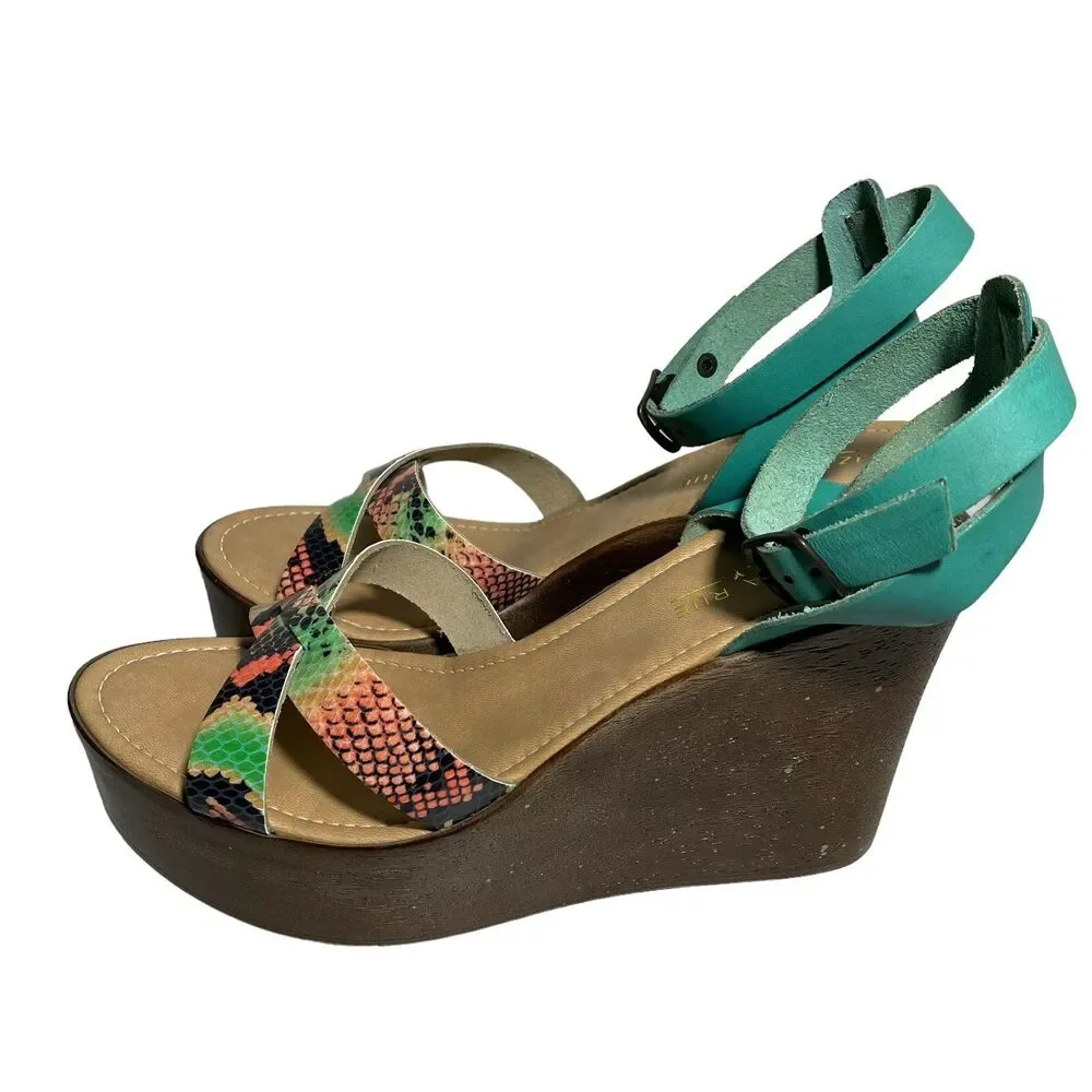 Isabella Rue Palermo Platform Shoe Snakeskin Print Size 10 Aqua Blue Ankle Strap